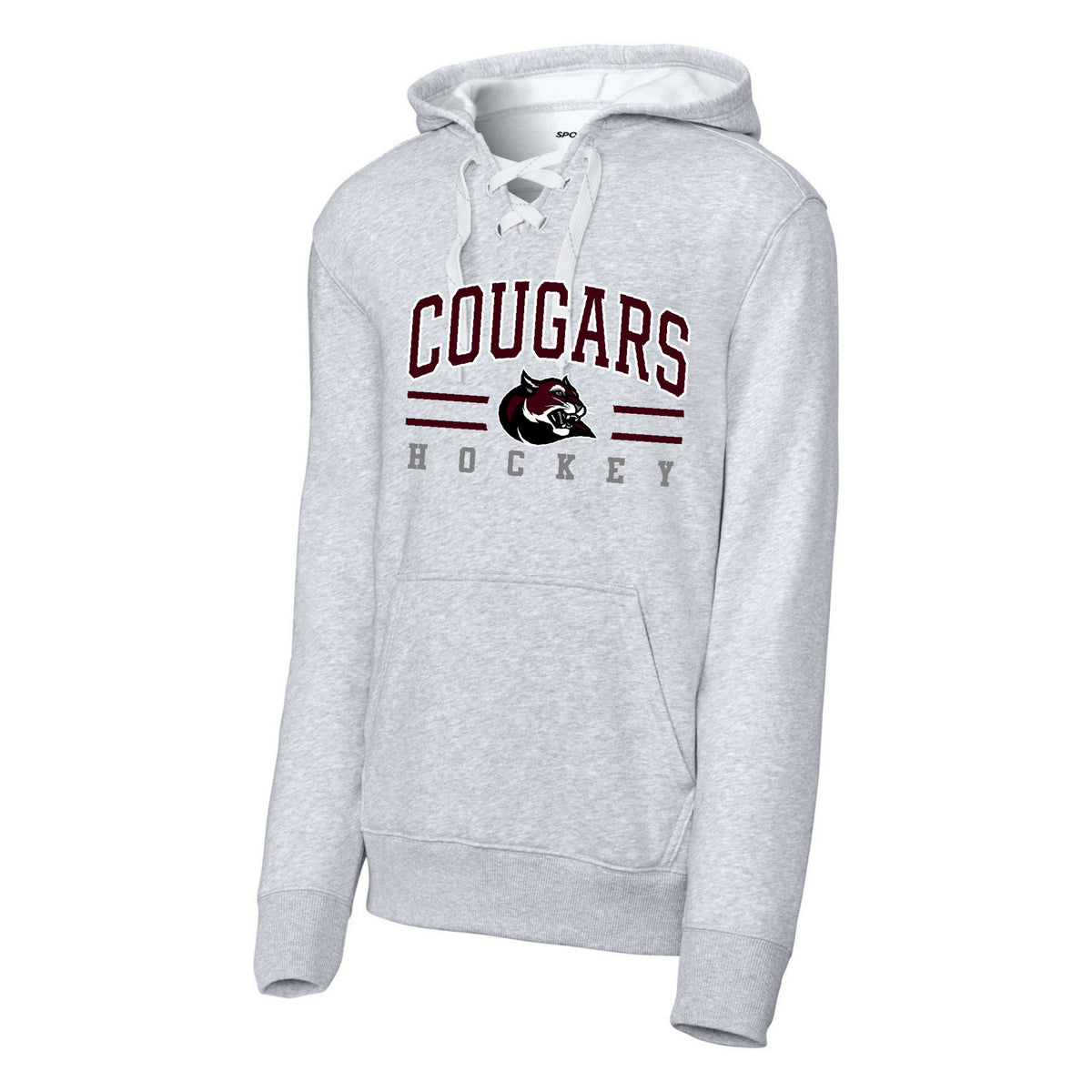 Sport-Tek Lace Up Pullover Hooded Sweatshirt — Athletic Heather, Cougars Text, front