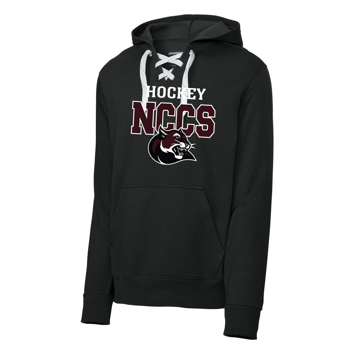 Sport-Tek Lace Up Pullover Hooded Sweatshirt — Black, NCCS Hockey, front