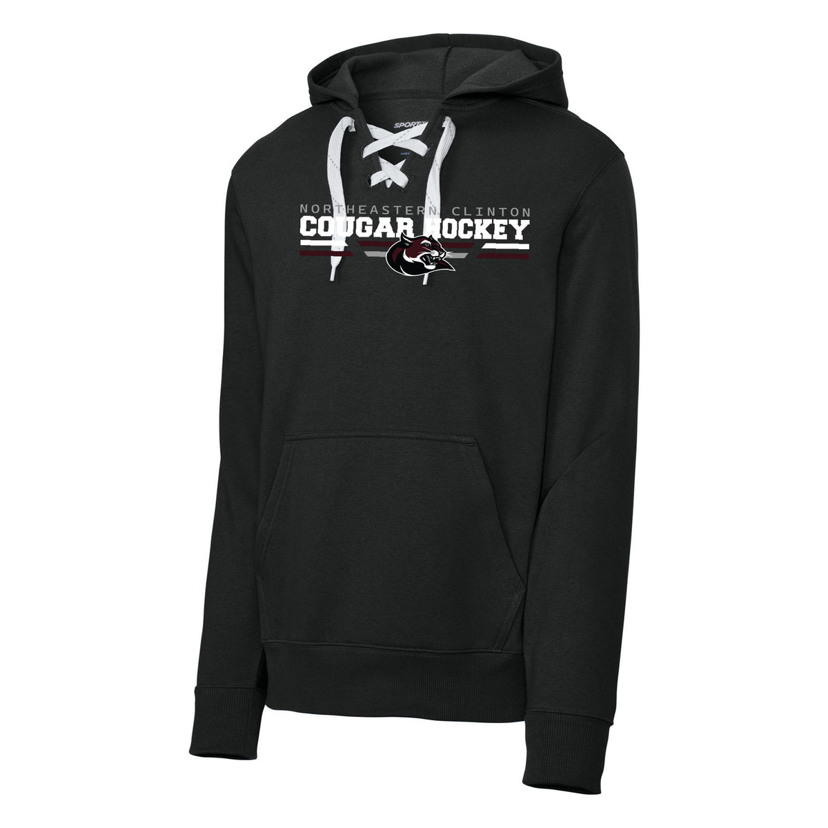 Sport-Tek Lace Up Pullover Hooded Sweatshirt — Black, Cougar Hockey, front
