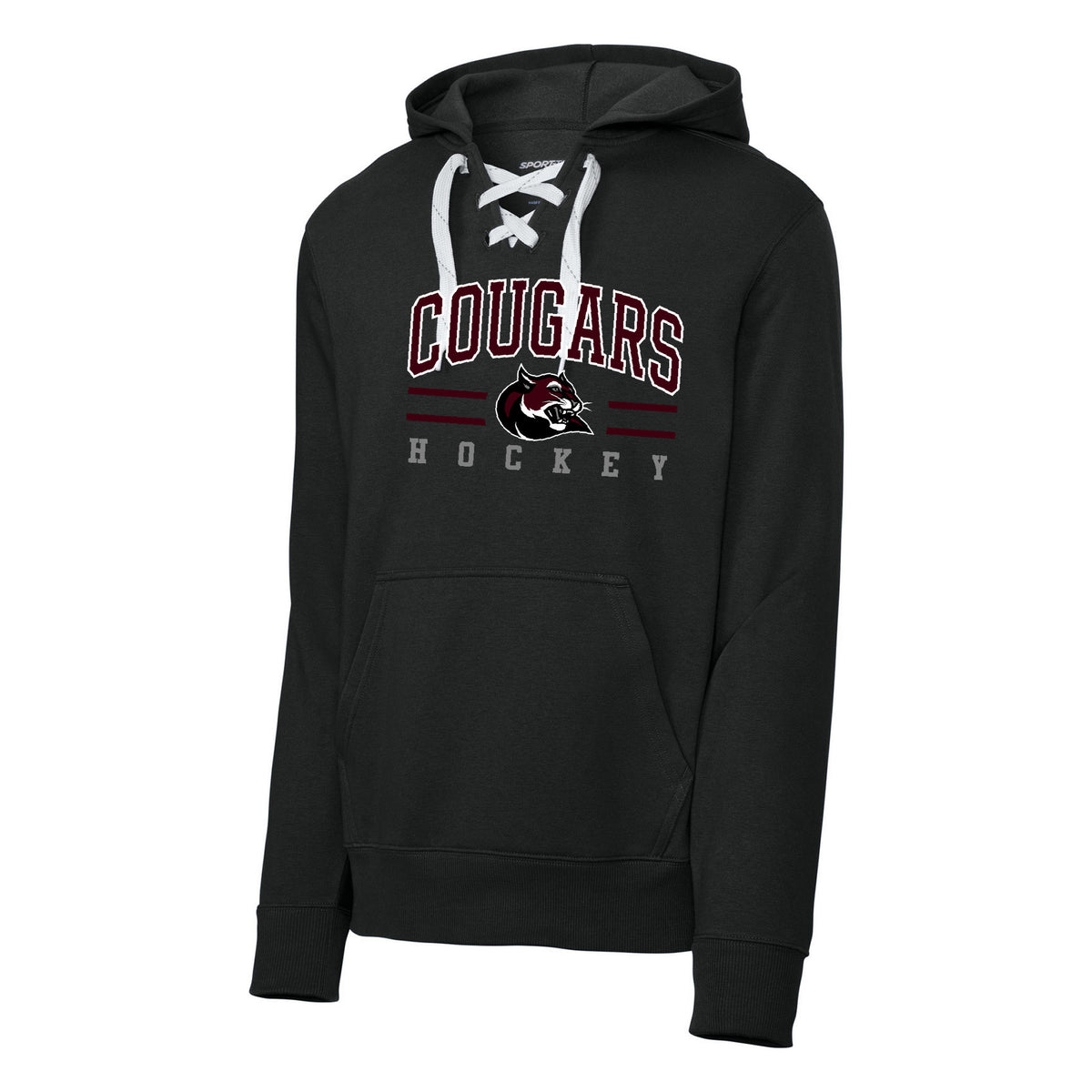 Sport-Tek Lace Up Pullover Hooded Sweatshirt — Black, Cougars Text, front