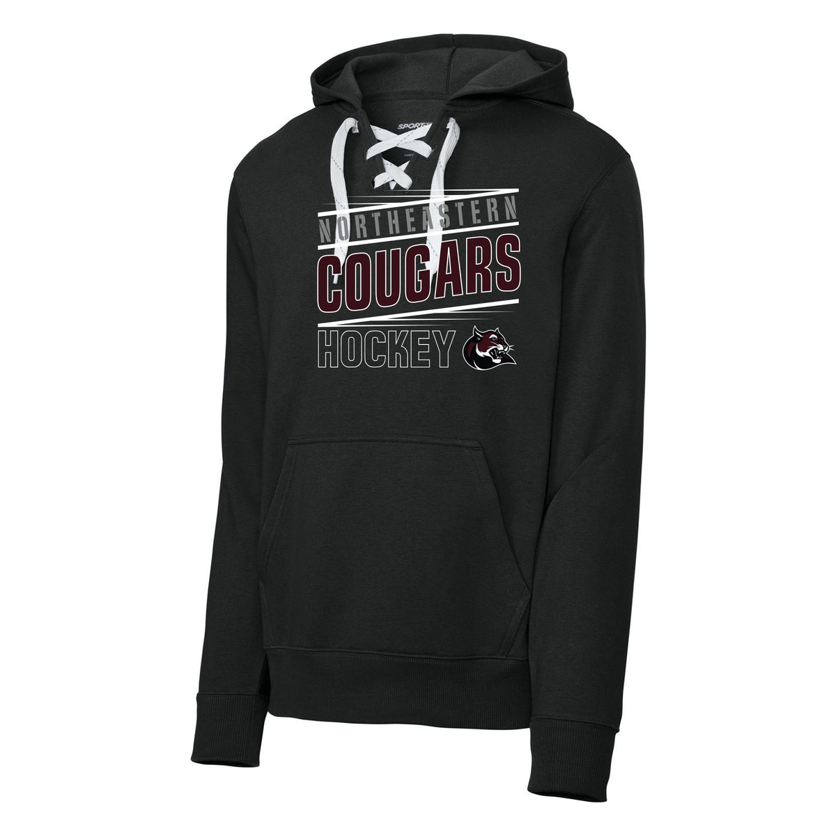 Sport-Tek Lace Up Pullover Hooded Sweatshirt — Black, Cougars Hockey, front