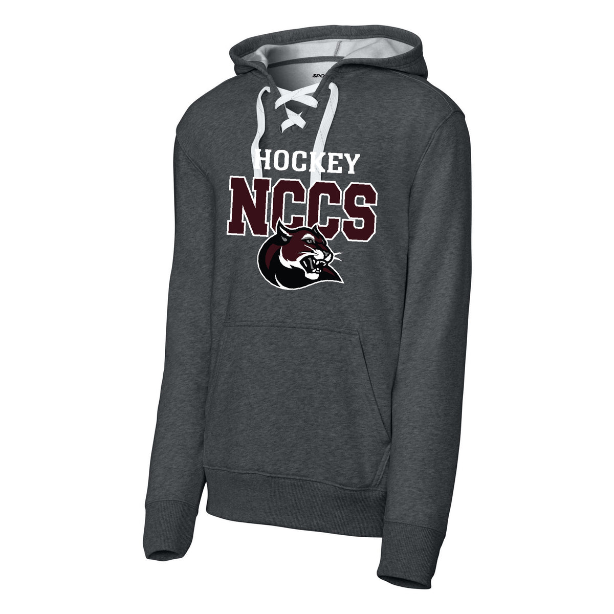 Sport-Tek Lace Up Pullover Hooded Sweatshirt — Graphite Heather, NCCS Hockey, front