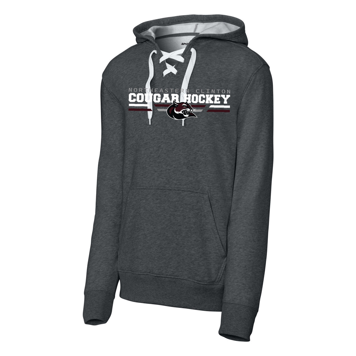 Sport-Tek Lace Up Pullover Hooded Sweatshirt — Graphite Heather, Cougar Hockey, front