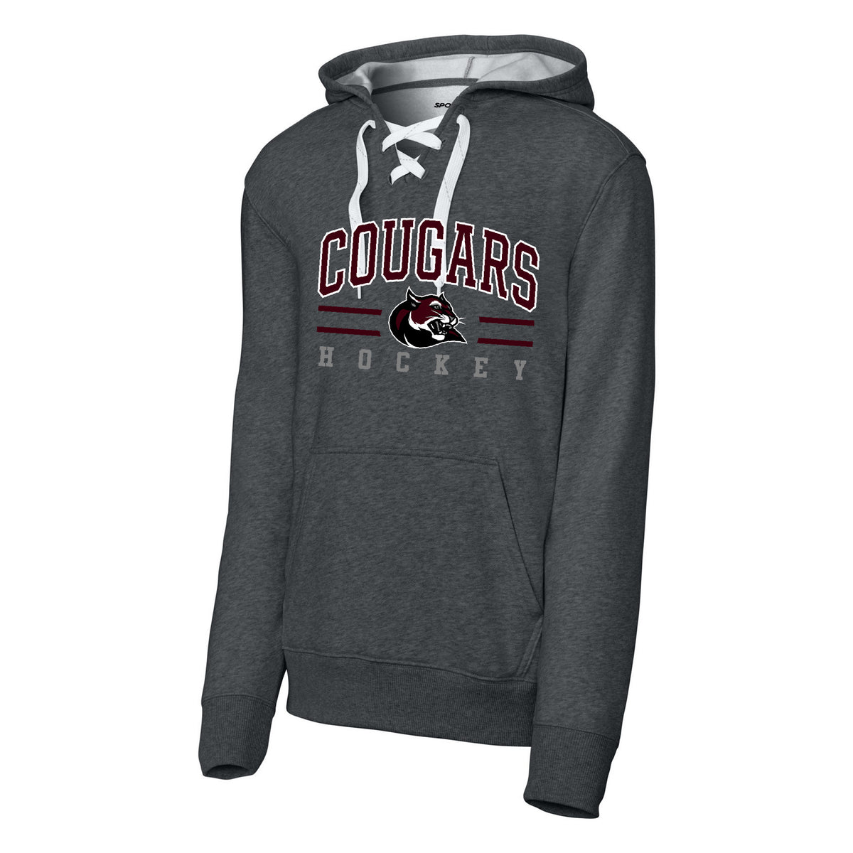Sport-Tek Lace Up Pullover Hooded Sweatshirt — Graphite Heather, Cougars Text, front