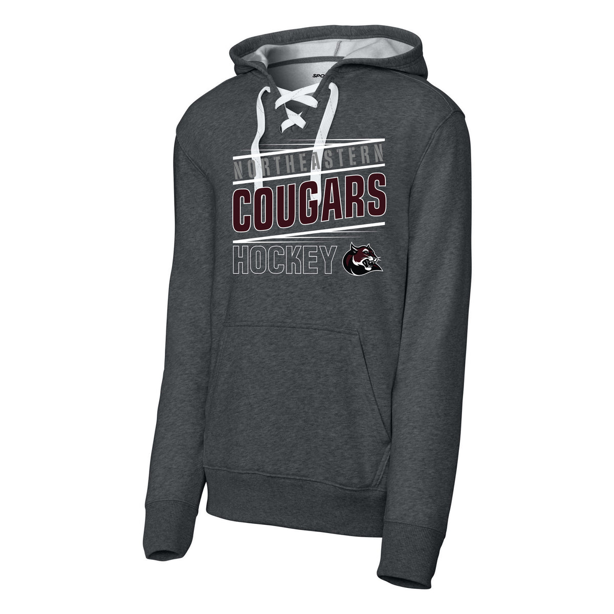 Sport-Tek Lace Up Pullover Hooded Sweatshirt — Graphite Heather, Cougars Hockey, front