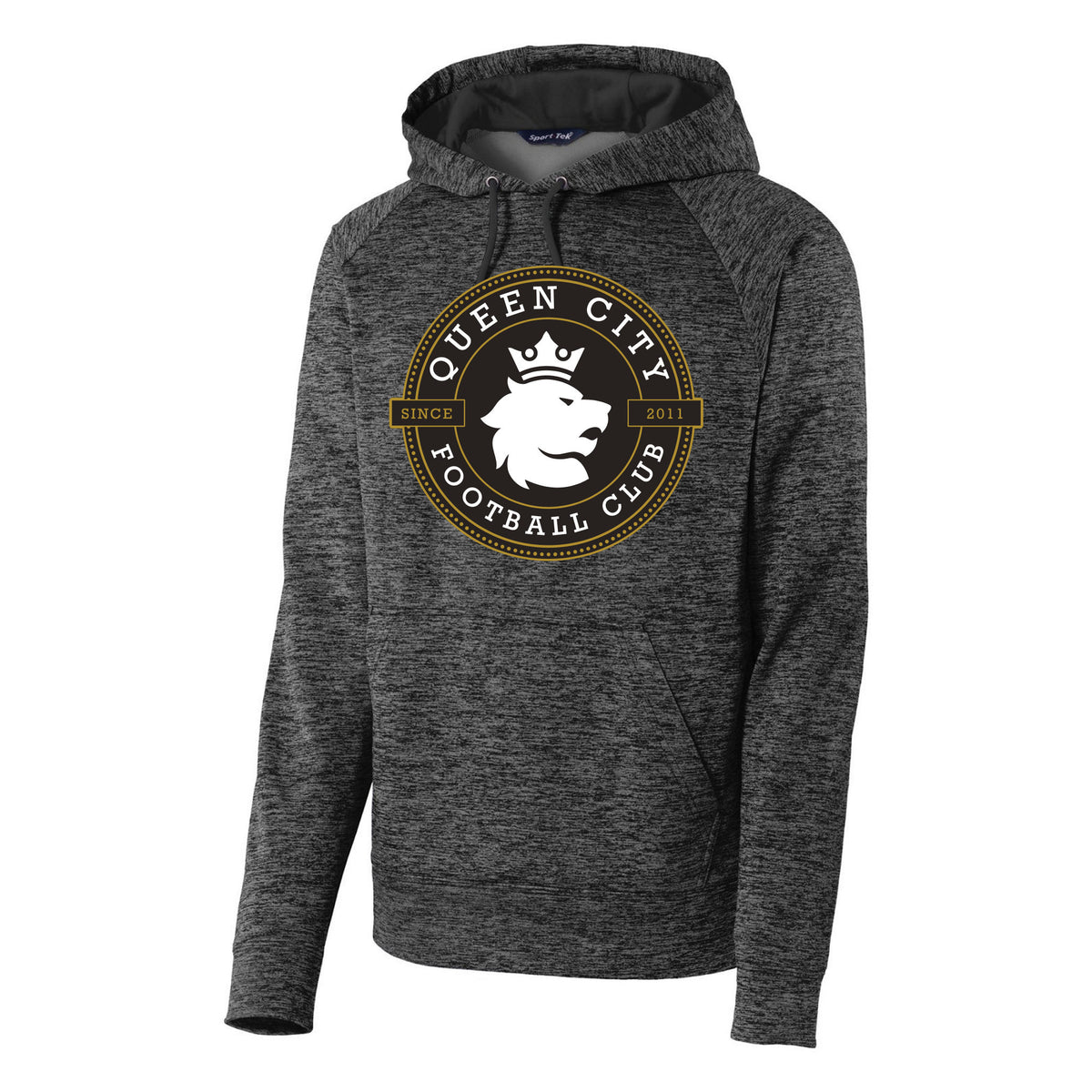 Sport-Tek PosiCharge Electric Heather Fleece Hooded Pullover — Grey-Black Electric, front