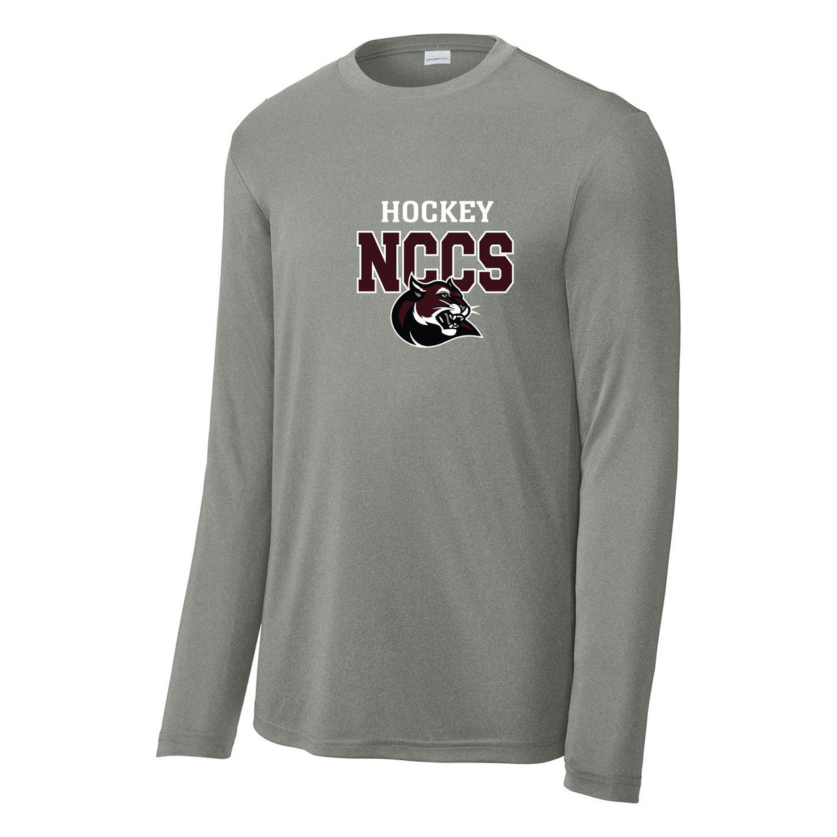 Cougars Sport-Tek Long Sleeve PosiCharge Competitor Tee — Grey Concrete Heather, Logo 3, front