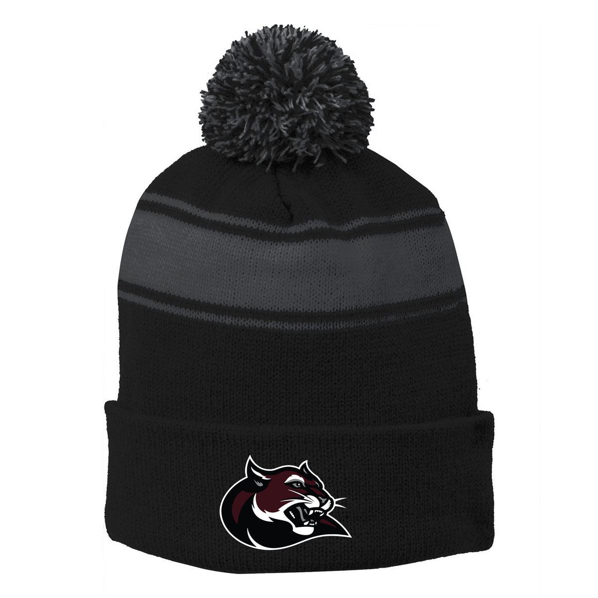 Stripe Pom Pom Beanie — Black/ Iron Grey, COUGAR, front