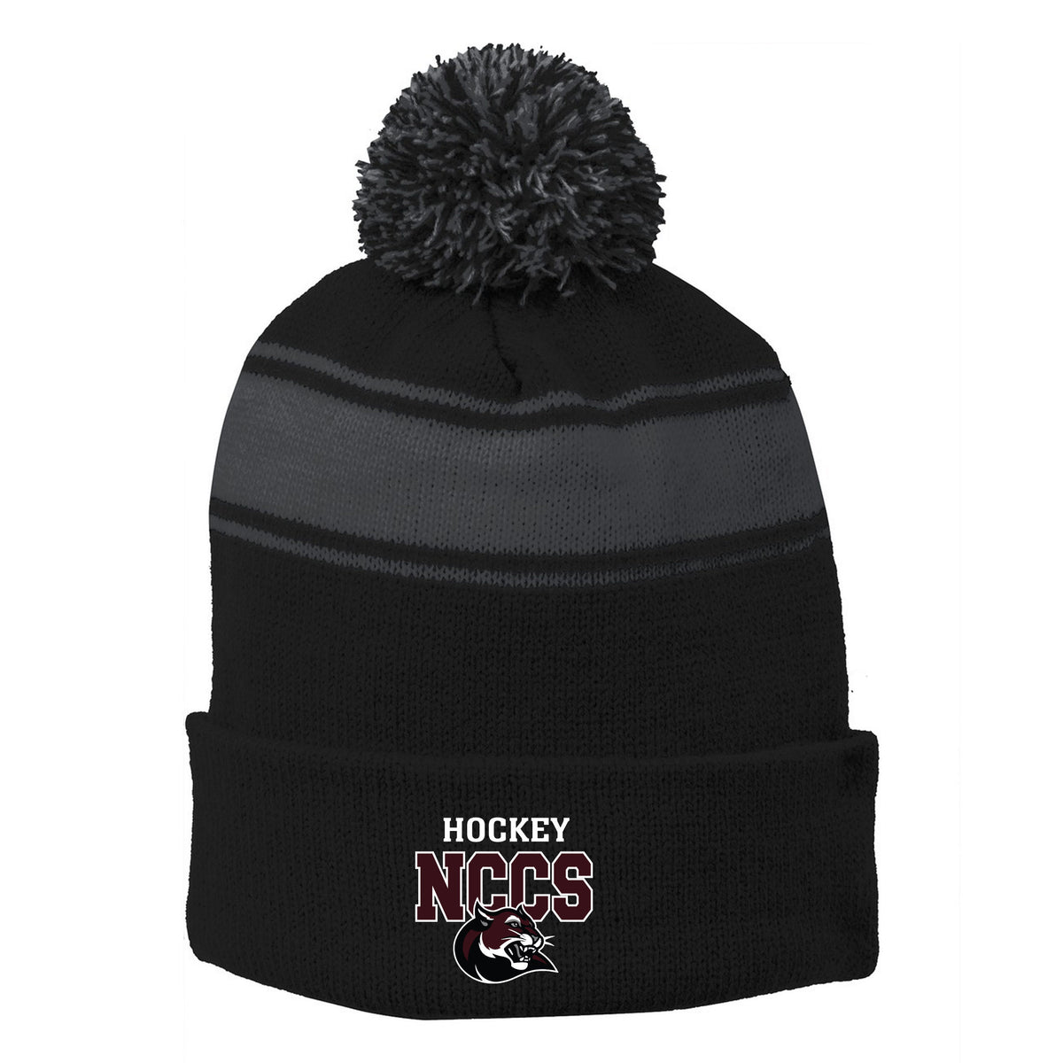 Stripe Pom Pom Beanie — Black/ Iron Grey, NCCS HOCKEY, front