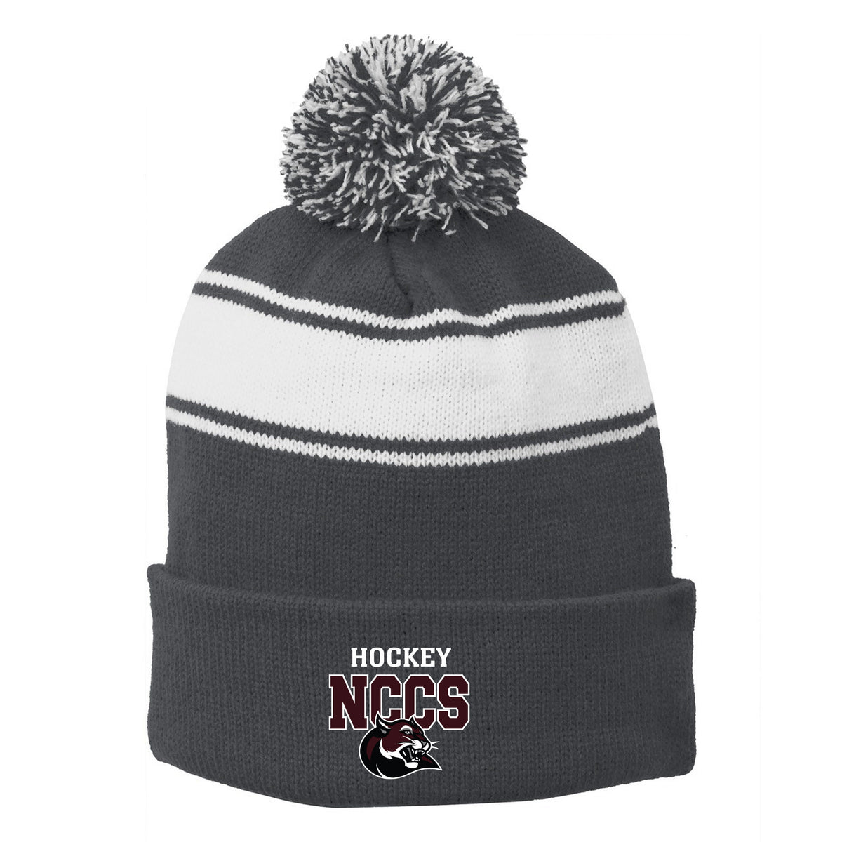 Stripe Pom Pom Beanie — Iron Grey/ White, NCCS HOCKEY, front