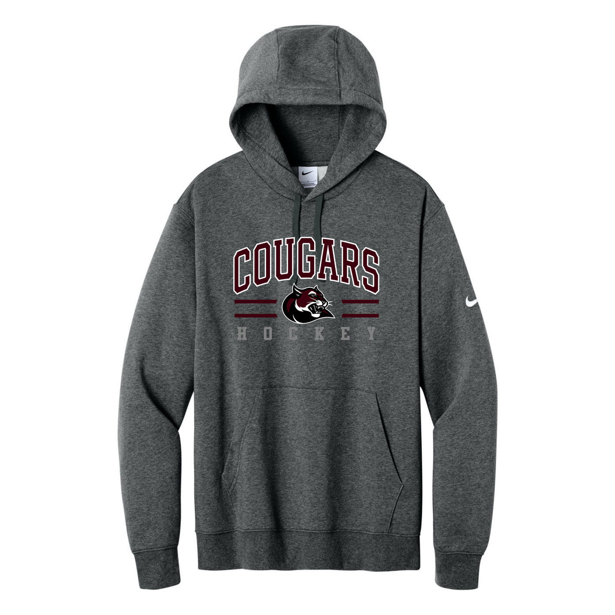 Nike Club Fleece Sleeve Swoosh Pullover Hoodie — Charcoal Heather, Logo 4, front