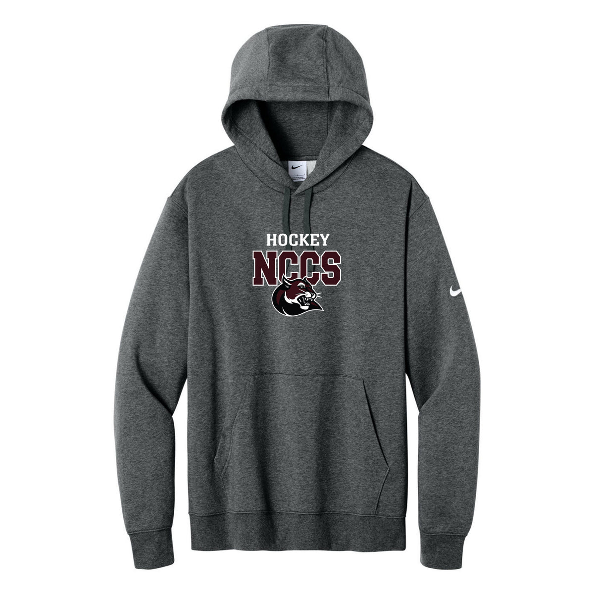 Nike Club Fleece Sleeve Swoosh Pullover Hoodie — Charcoal Heather, Logo 3, front