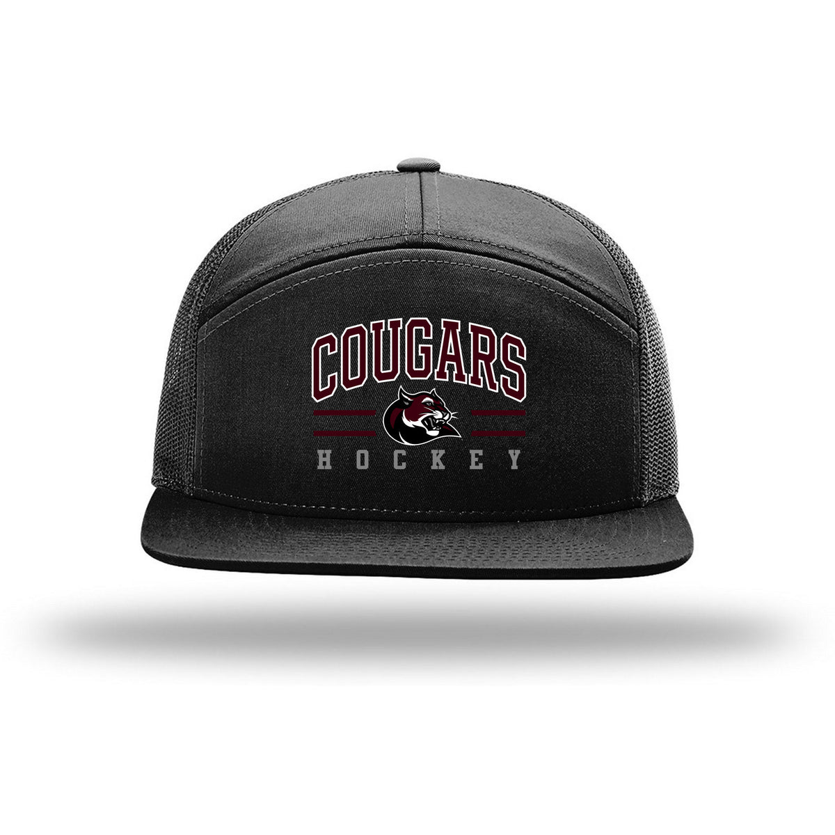Richardson 7-Panel Trucker — Black, Cougar Text Hat, front