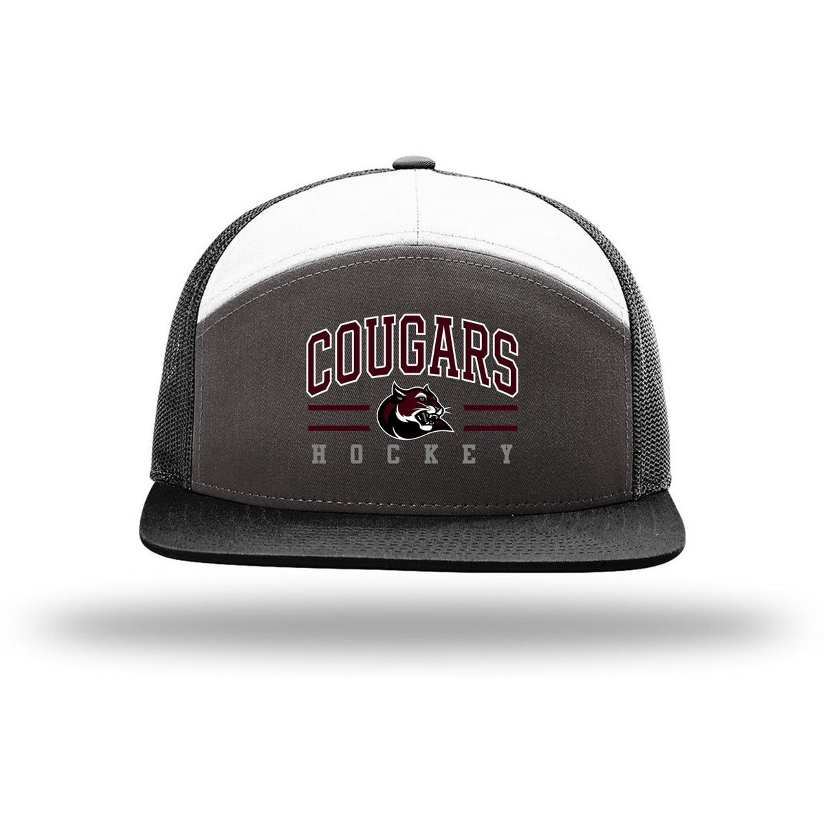 Richardson 7-Panel Trucker — Charcoal/ Black/ White, Cougar Text Hat, front