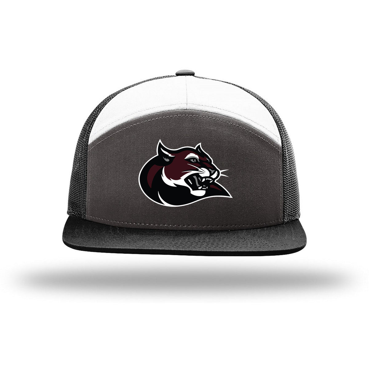 Richardson 7-Panel Trucker — Charcoal/ Black/ White, Cougar, front
