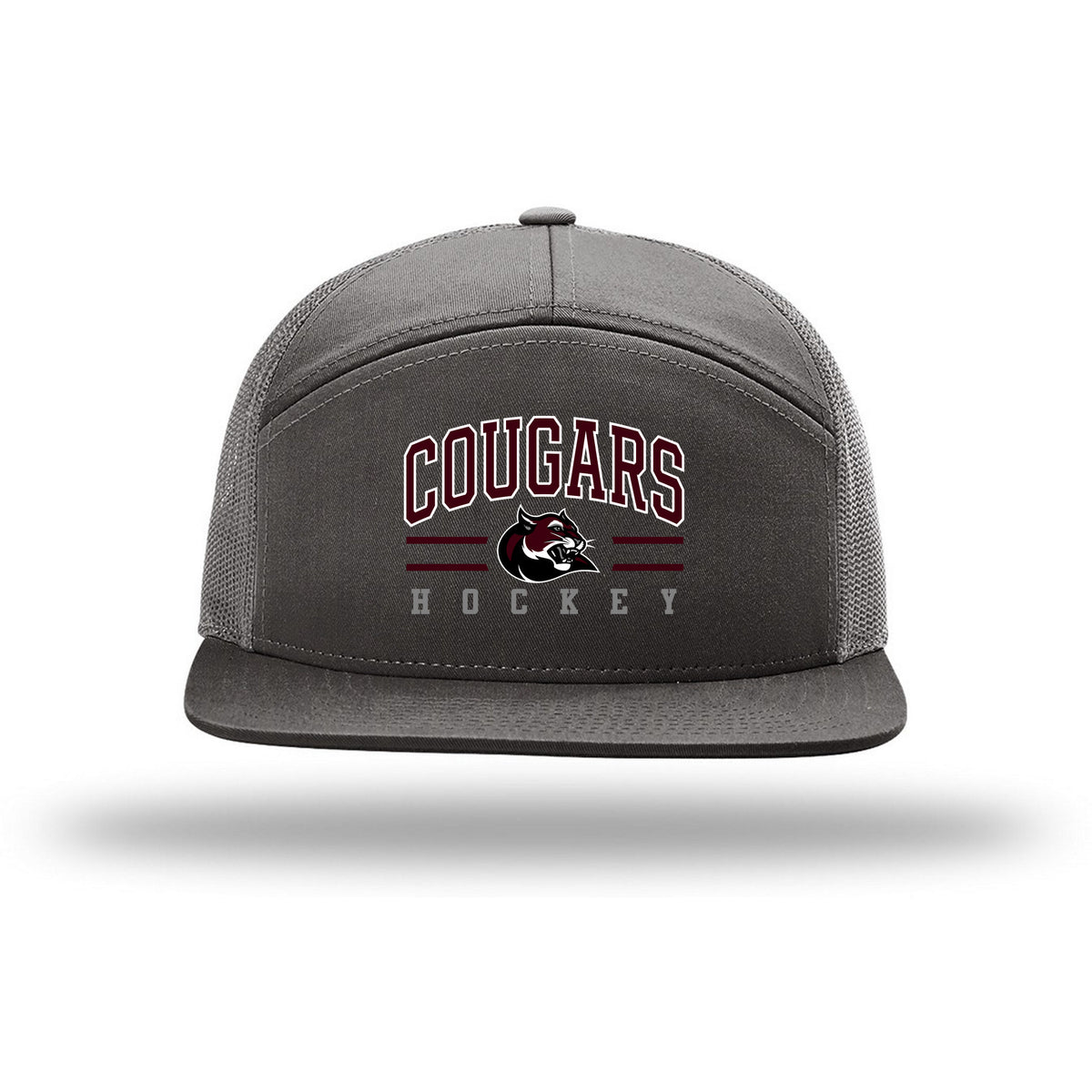 Richardson 7-Panel Trucker — Charcoal, Cougar Text Hat, front