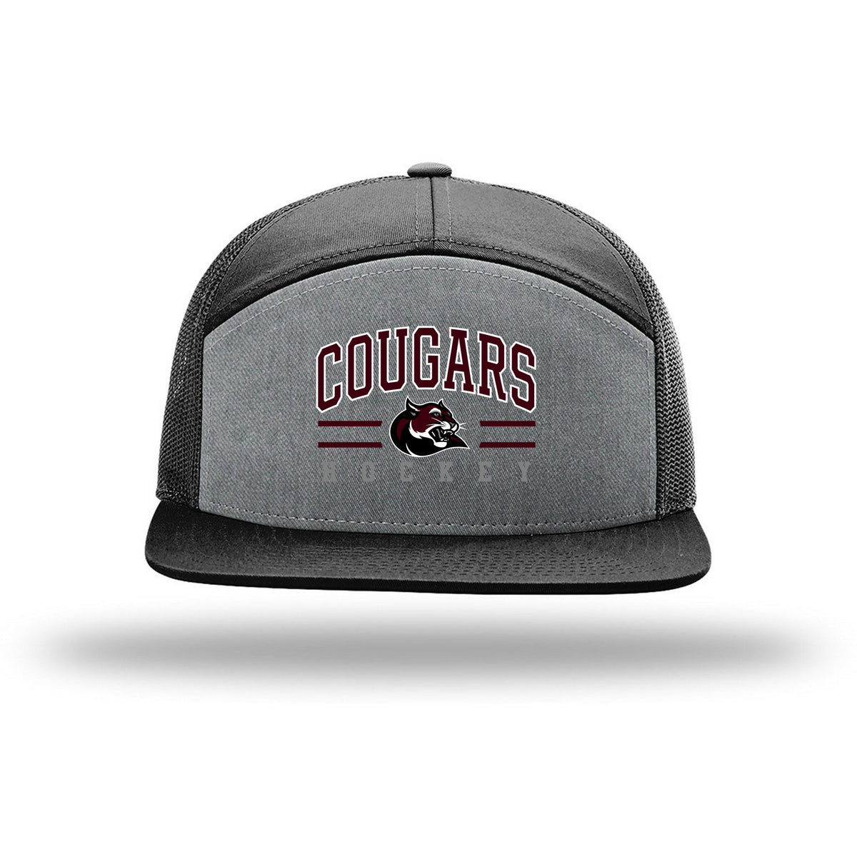 Richardson 7-Panel Trucker — Heather Grey/ Black/ Black, Cougar Text Hat, front