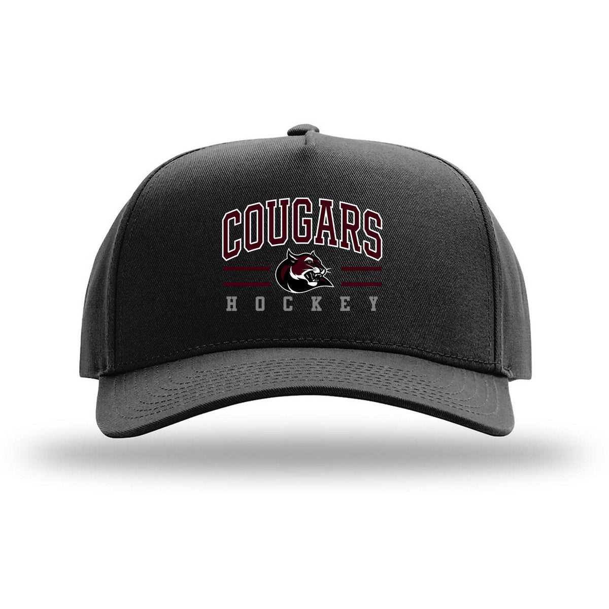 Richardson Full Fabric 5-Panel Champ — Black, Cougar Text, front