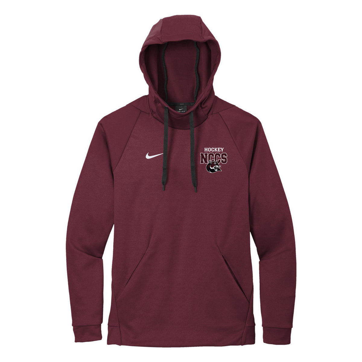 Nike Therma-FIT Pullover Fleece Hoodie — Team Dark Maroon, NCCS HOCKEY, front