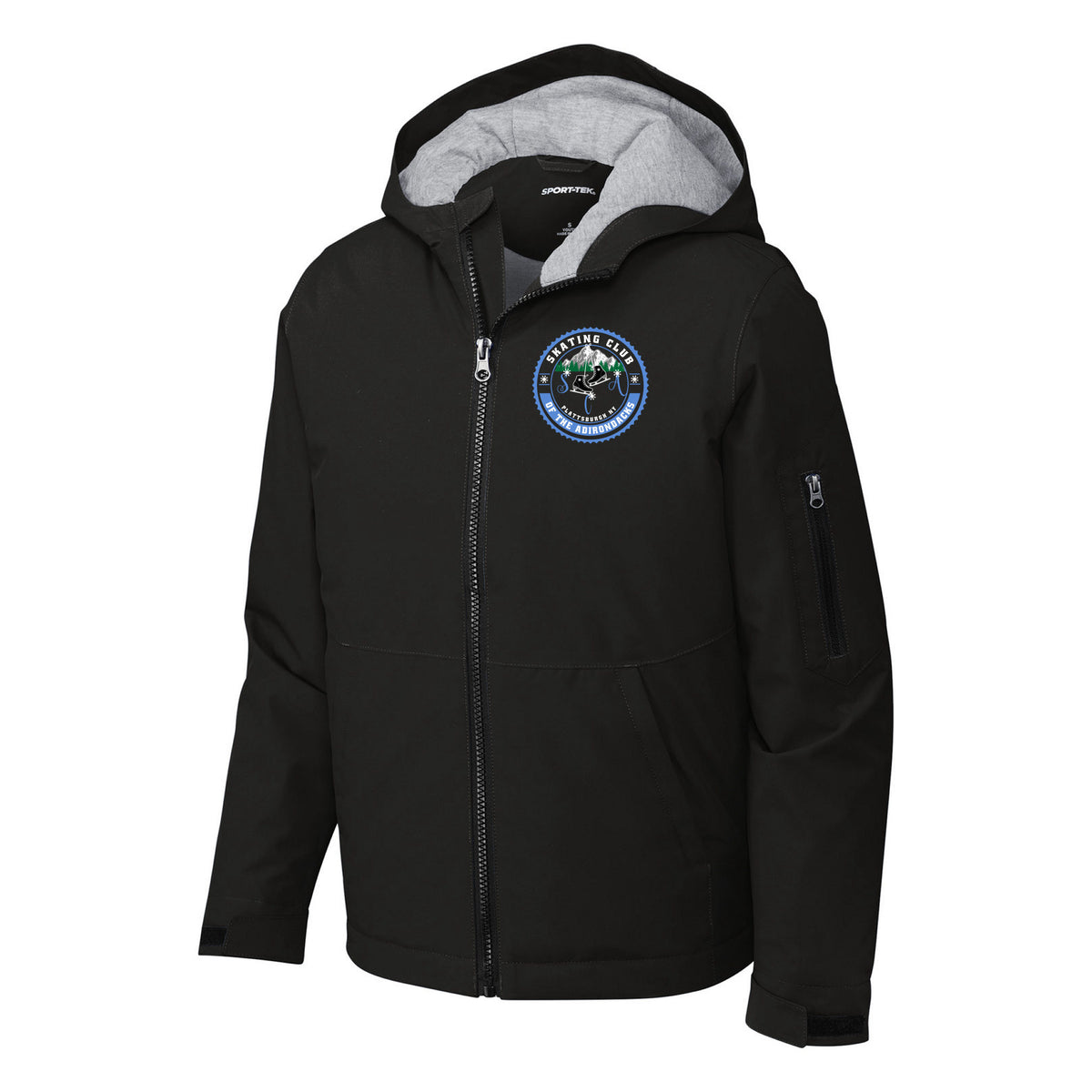SCA Sport-Tek Youth Waterproof Insulated Jacket — Black, Logo 1, front