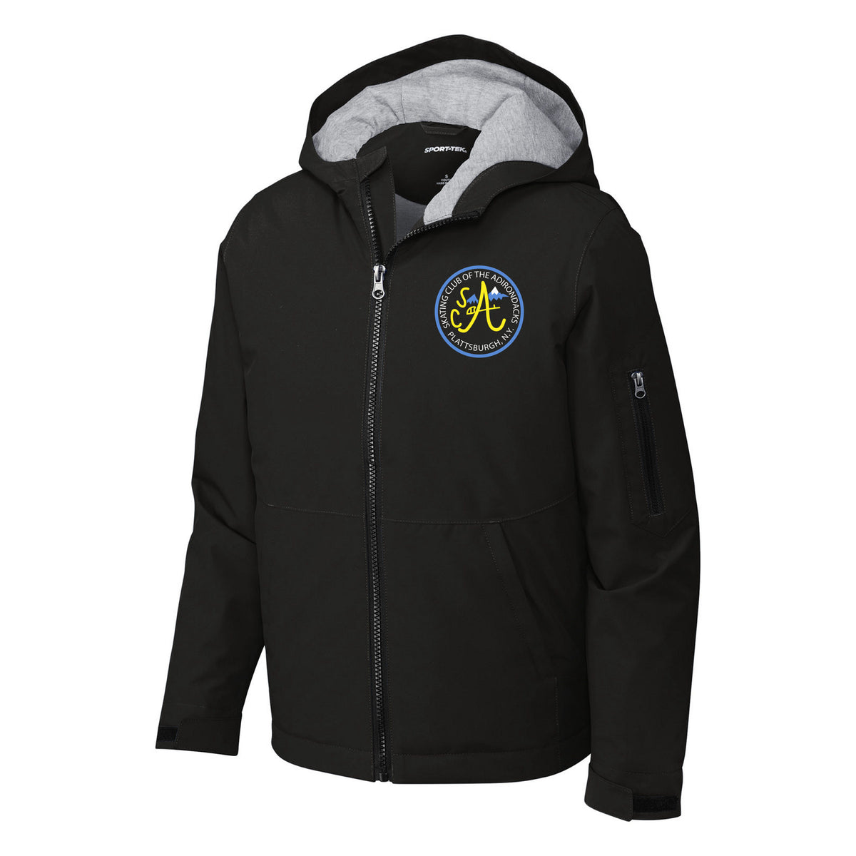 SCA Sport-Tek Youth Waterproof Insulated Jacket — Black, Logo 2, front