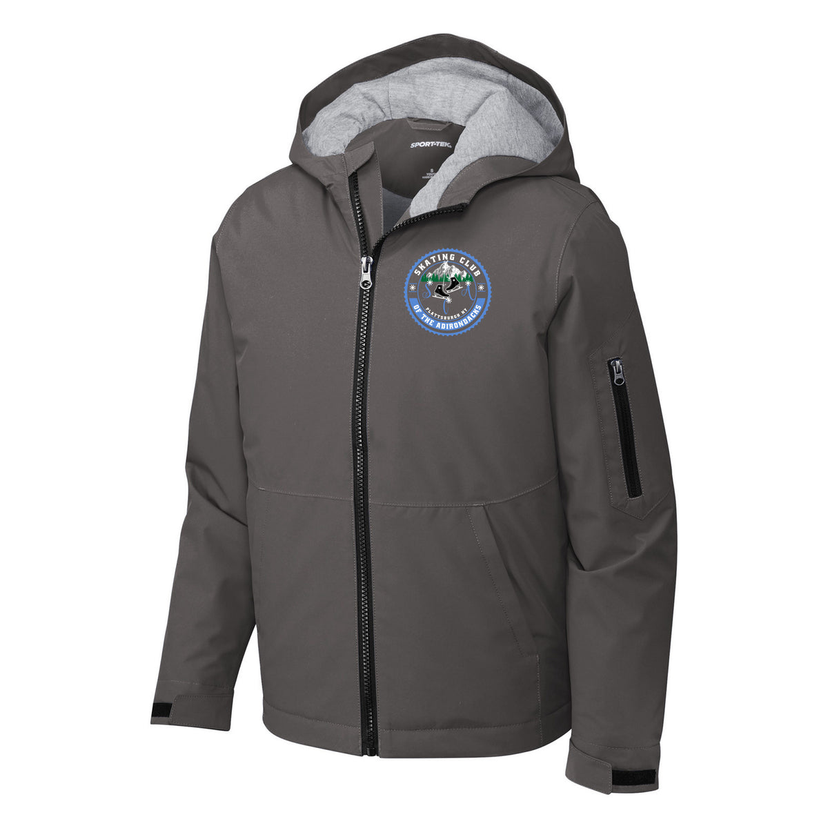 SCA Sport-Tek Youth Waterproof Insulated Jacket — Graphite, Logo 1, front
