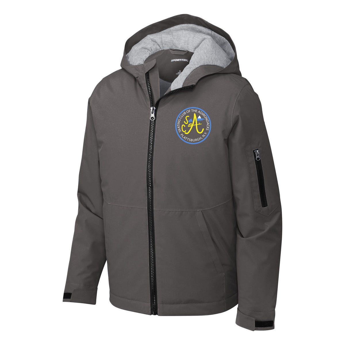 SCA Sport-Tek Youth Waterproof Insulated Jacket — Graphite, Logo 2, front