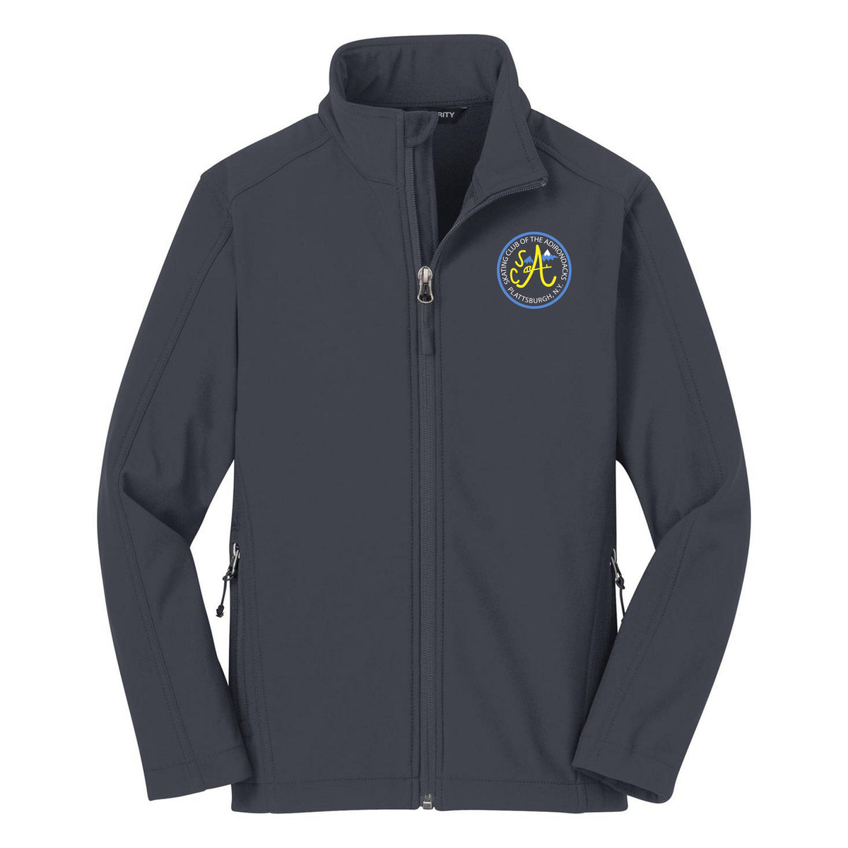 SCA Port Authority Youth Core Soft Shell Jacket — Battleship Grey, Logo 2, front