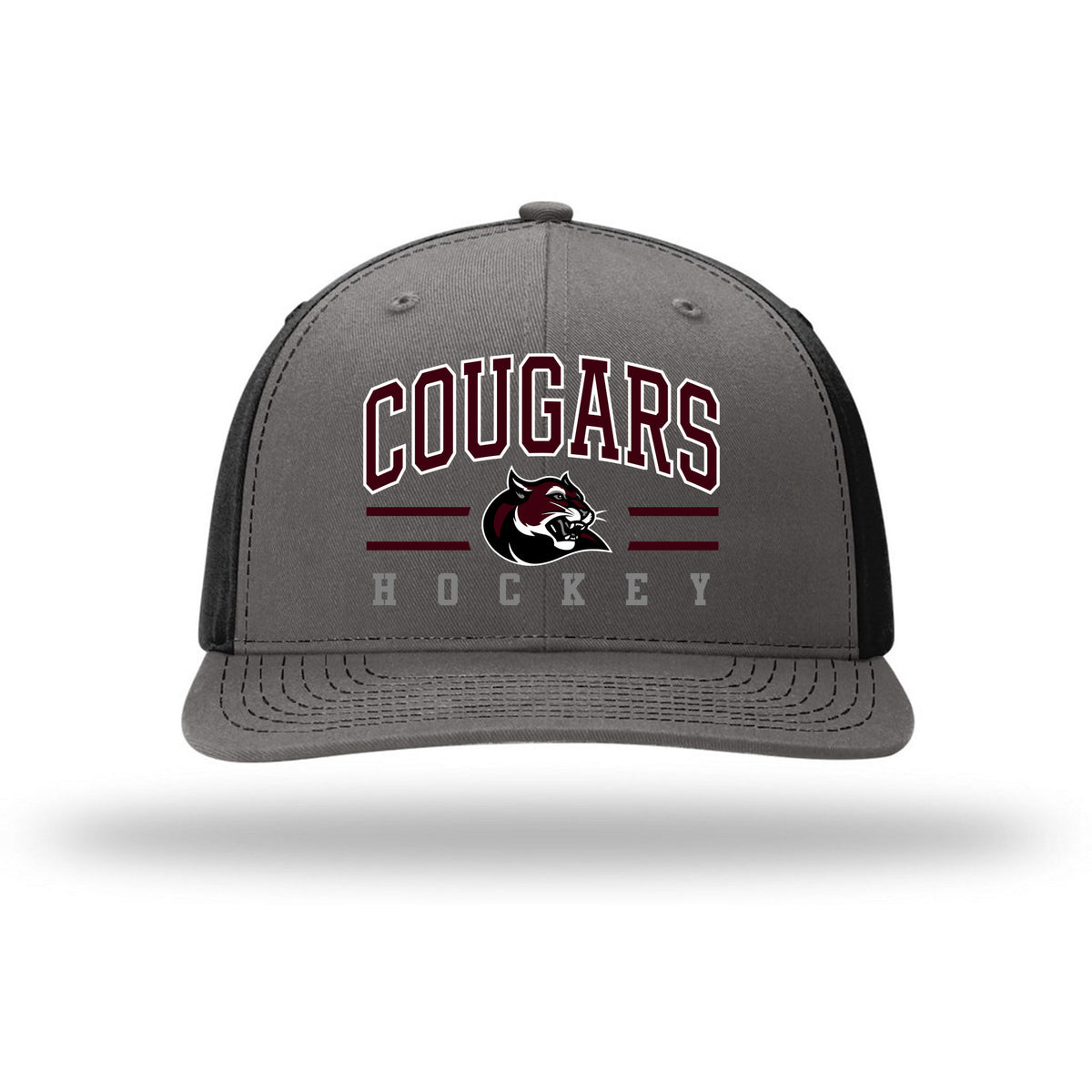 Richardson Solid Twill Trucker — Charcoal/ Black, Cougar Text, front