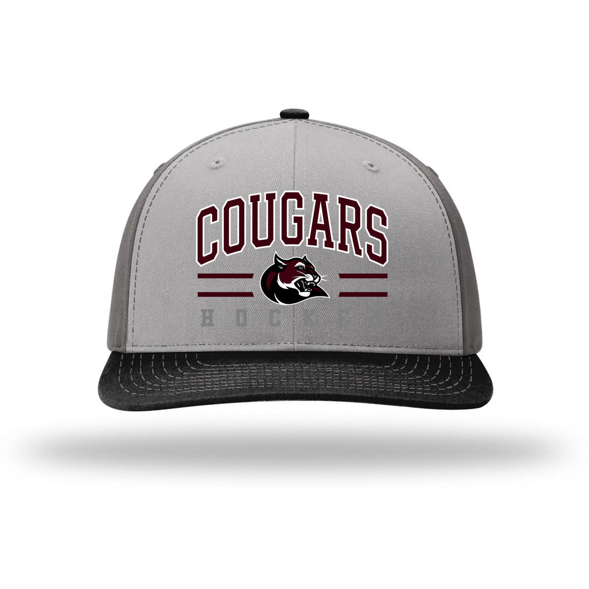 Richardson Solid Twill Trucker — Grey/ Charcoal/ Black, Cougar Text, front