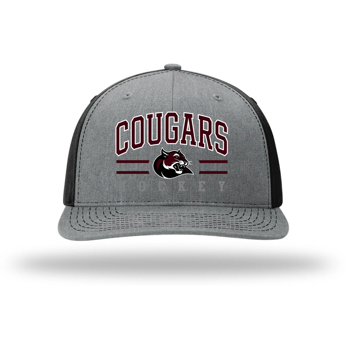 Richardson Solid Twill Trucker — Heather Grey/ Black, Cougar Text, front