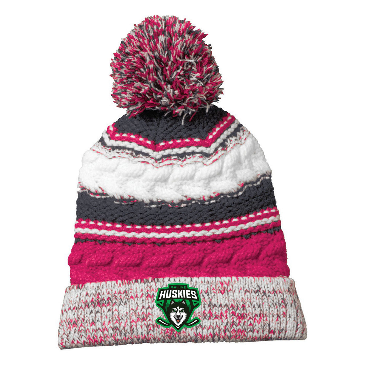 Sport-Tek Pom Pom Team Beanie — Pink Raspberry/ Iron Grey/ White, front