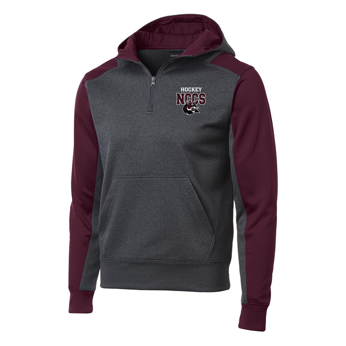 Tech Fleece Colorblock 1/4-Zip Hooded Sweatshirt — Graphite Heather/ Maroon, front