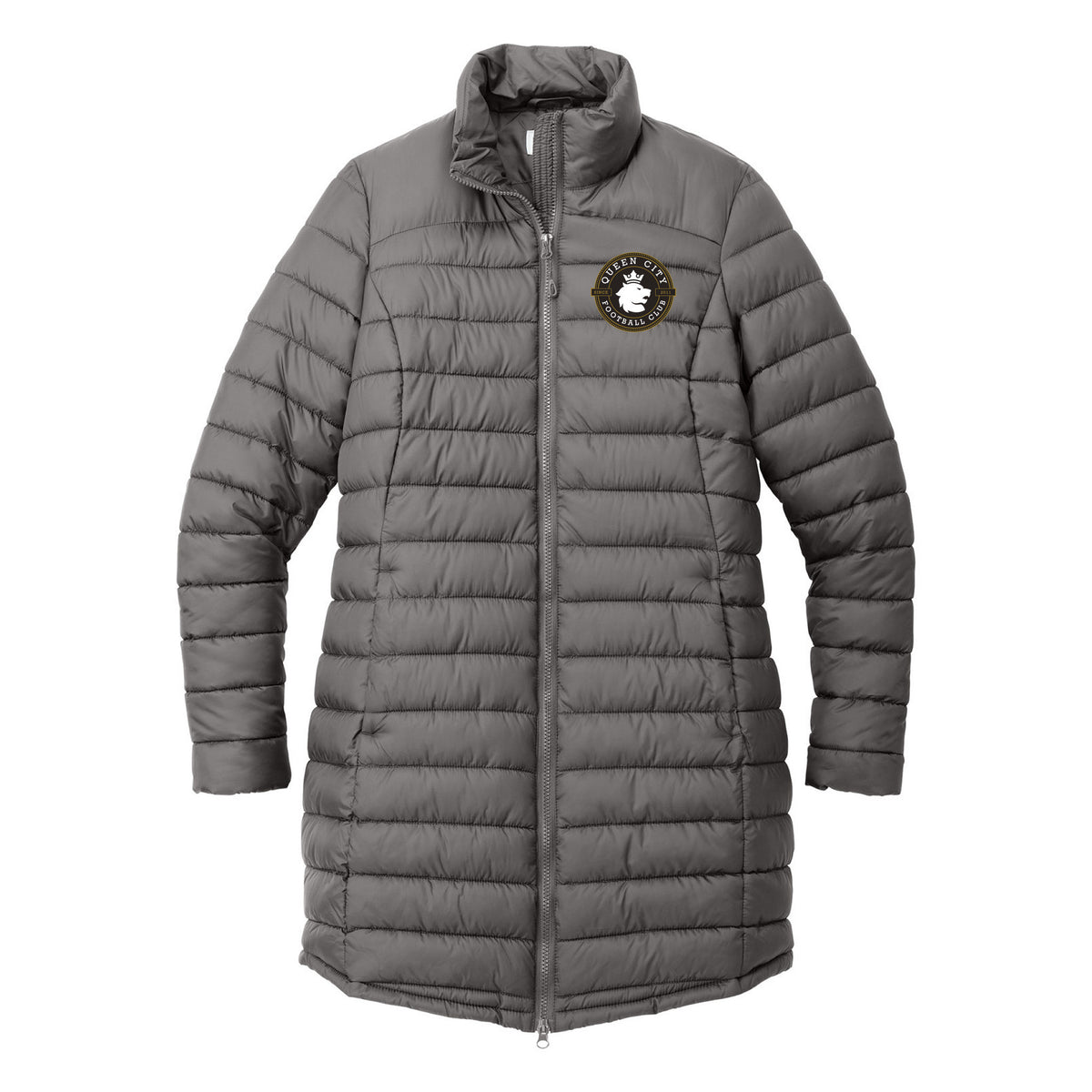 Port Authority Women's Horizon Puffy Long Jacket — Deep Smoke, front