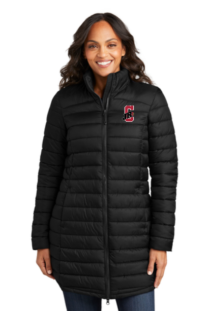 Ladies Horizon Puffy Long Jacket with Embroidered Logo