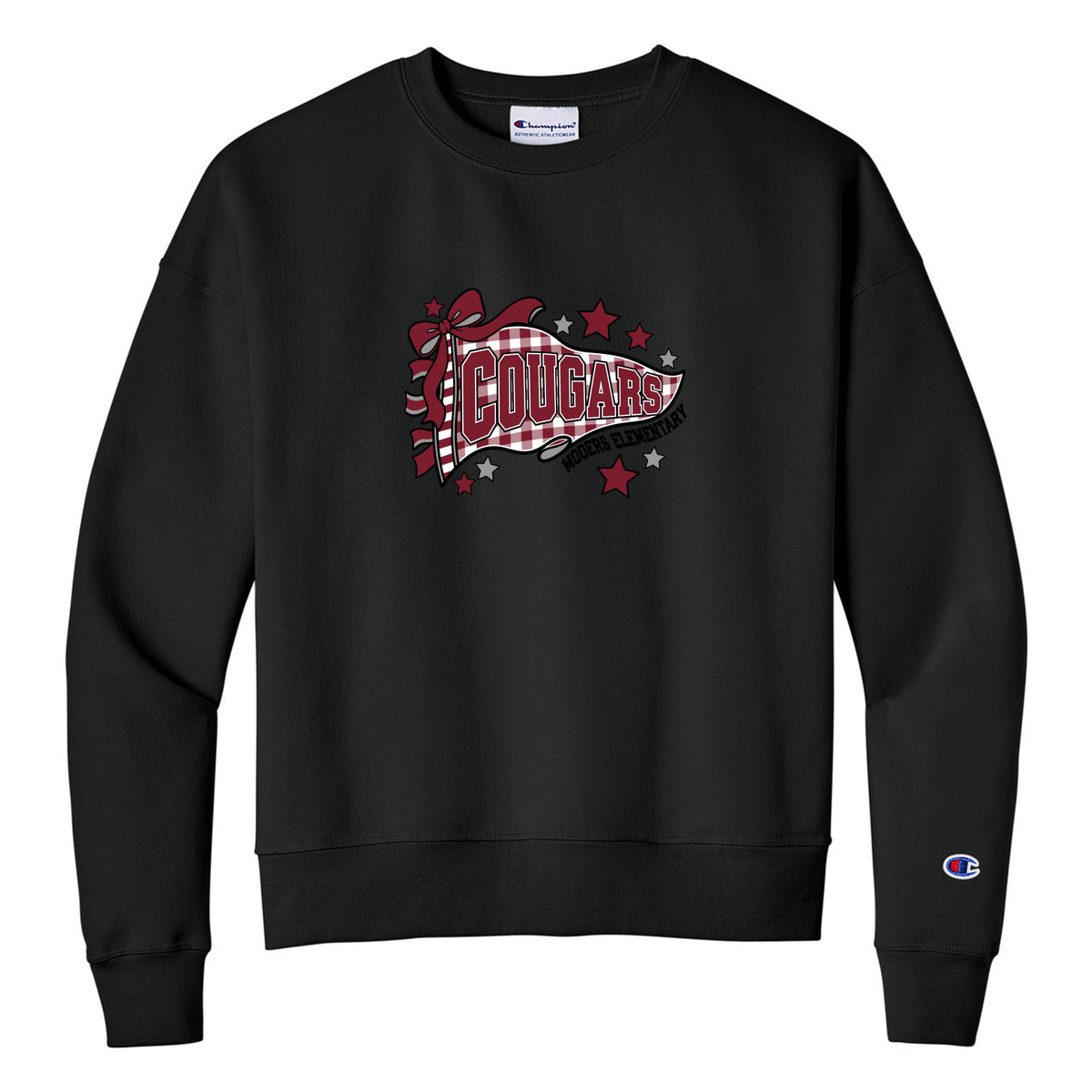 Champion Women's Powerblend Crewneck Sweatshirt — Black, Logo 3, front