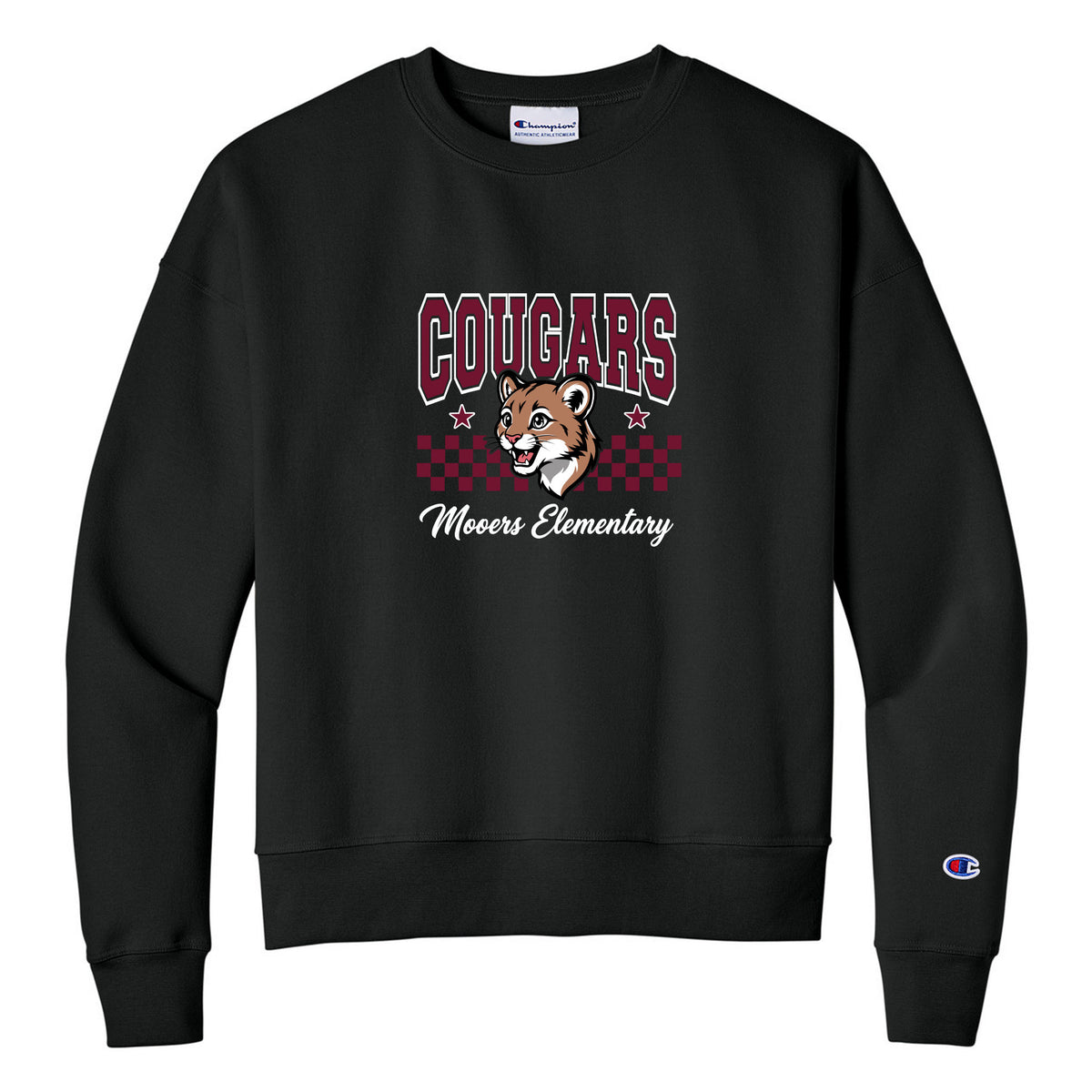 Champion Women's Powerblend Crewneck Sweatshirt — Black, Logo 5, front