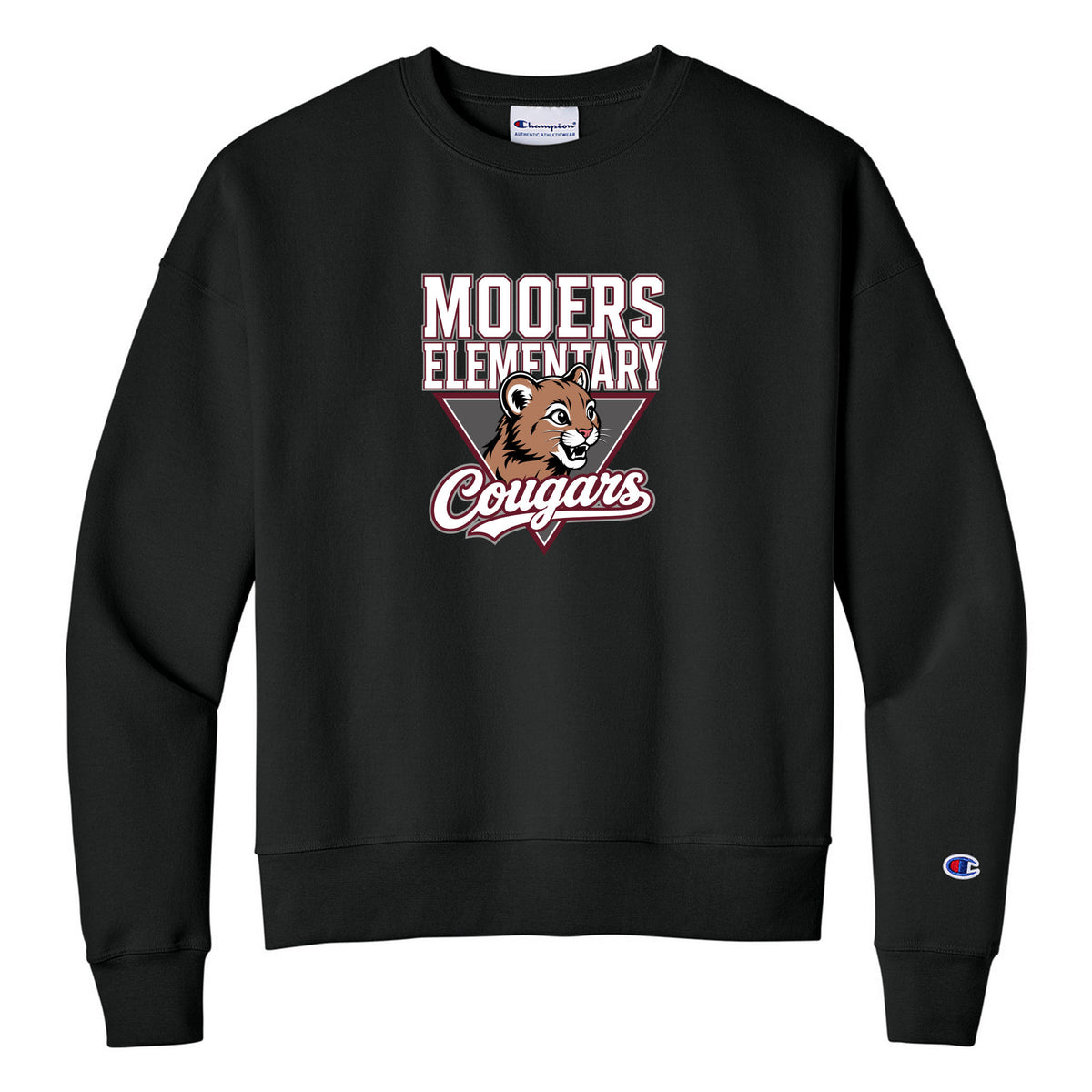 Champion Women's Powerblend Crewneck Sweatshirt — Black, Logo 2, front