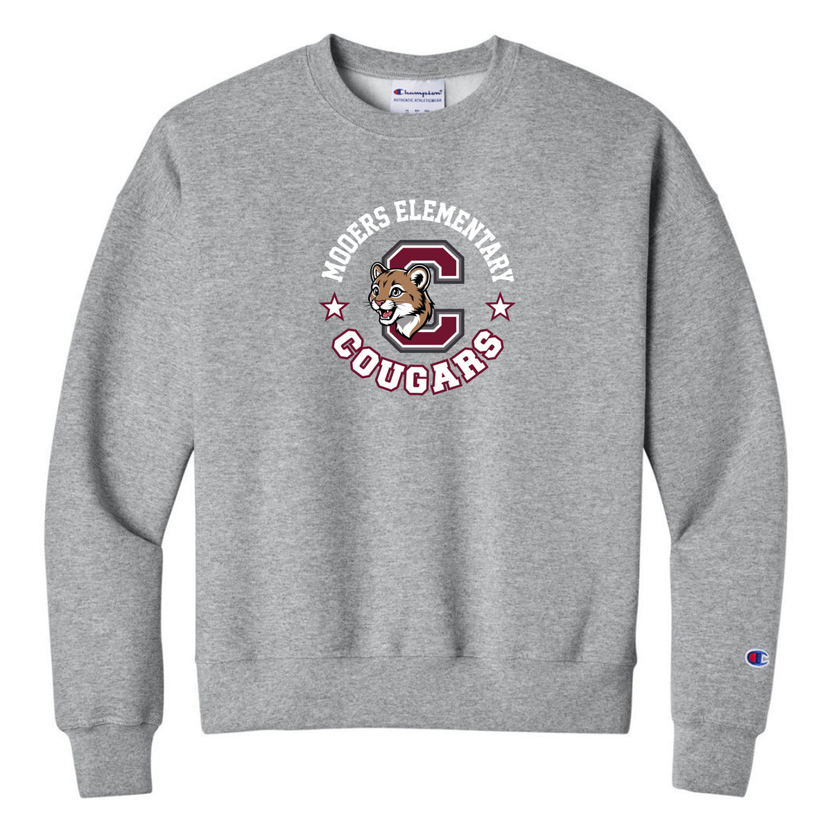 Champion Women's Powerblend Crewneck Sweatshirt — Light Steel, Logo 1, front