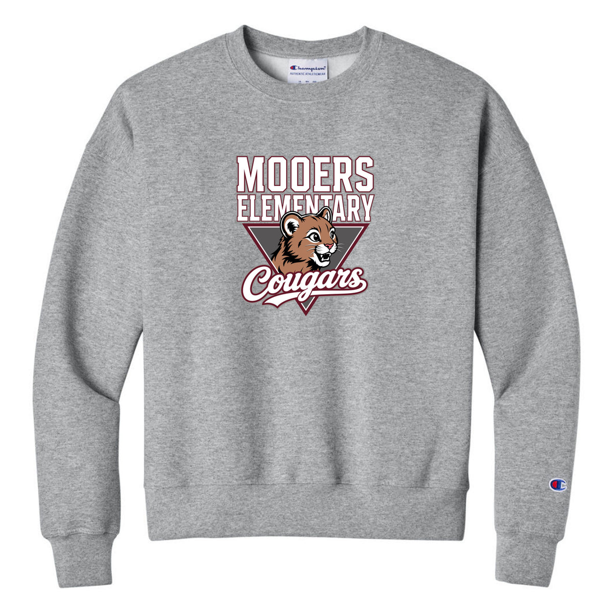 Champion Women's Powerblend Crewneck Sweatshirt — Light Steel, Logo 2, front