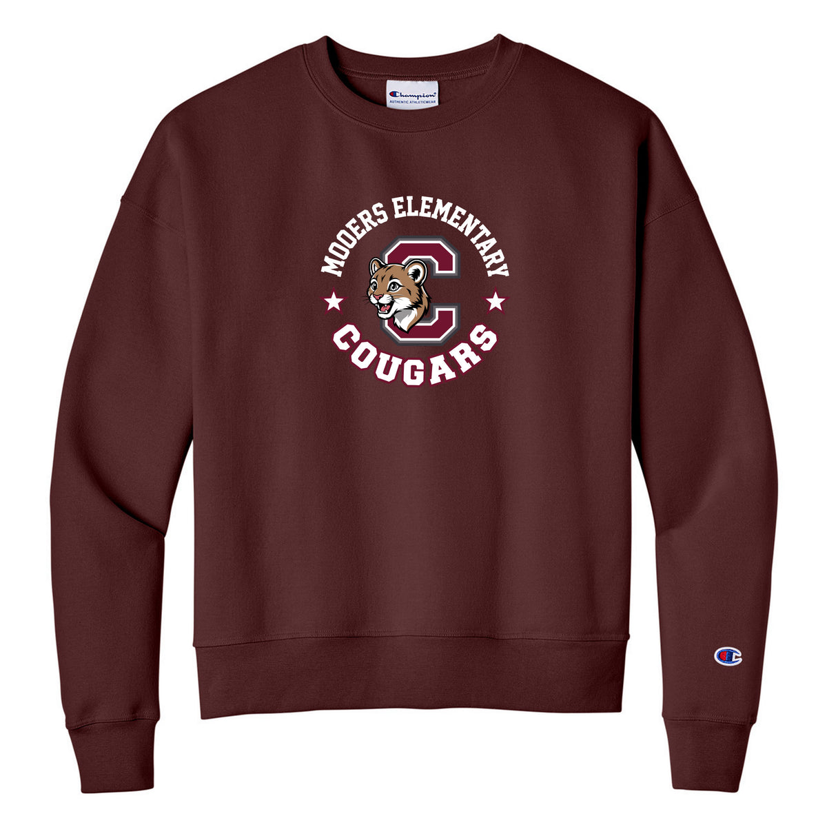 Champion Women's Powerblend Crewneck Sweatshirt — Maroon, Logo 1, front