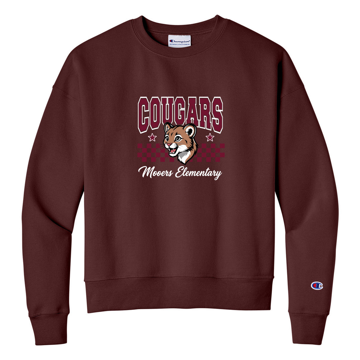 Champion Women's Powerblend Crewneck Sweatshirt — Maroon, Logo 5, front