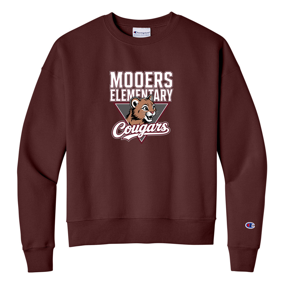 Champion Women's Powerblend Crewneck Sweatshirt — Maroon, Logo 2, front