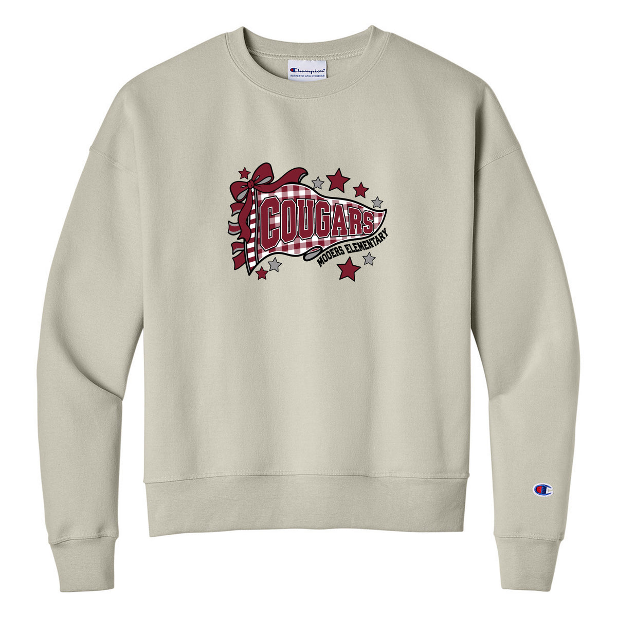 Champion Women's Powerblend Crewneck Sweatshirt — Sand, Logo 3, front