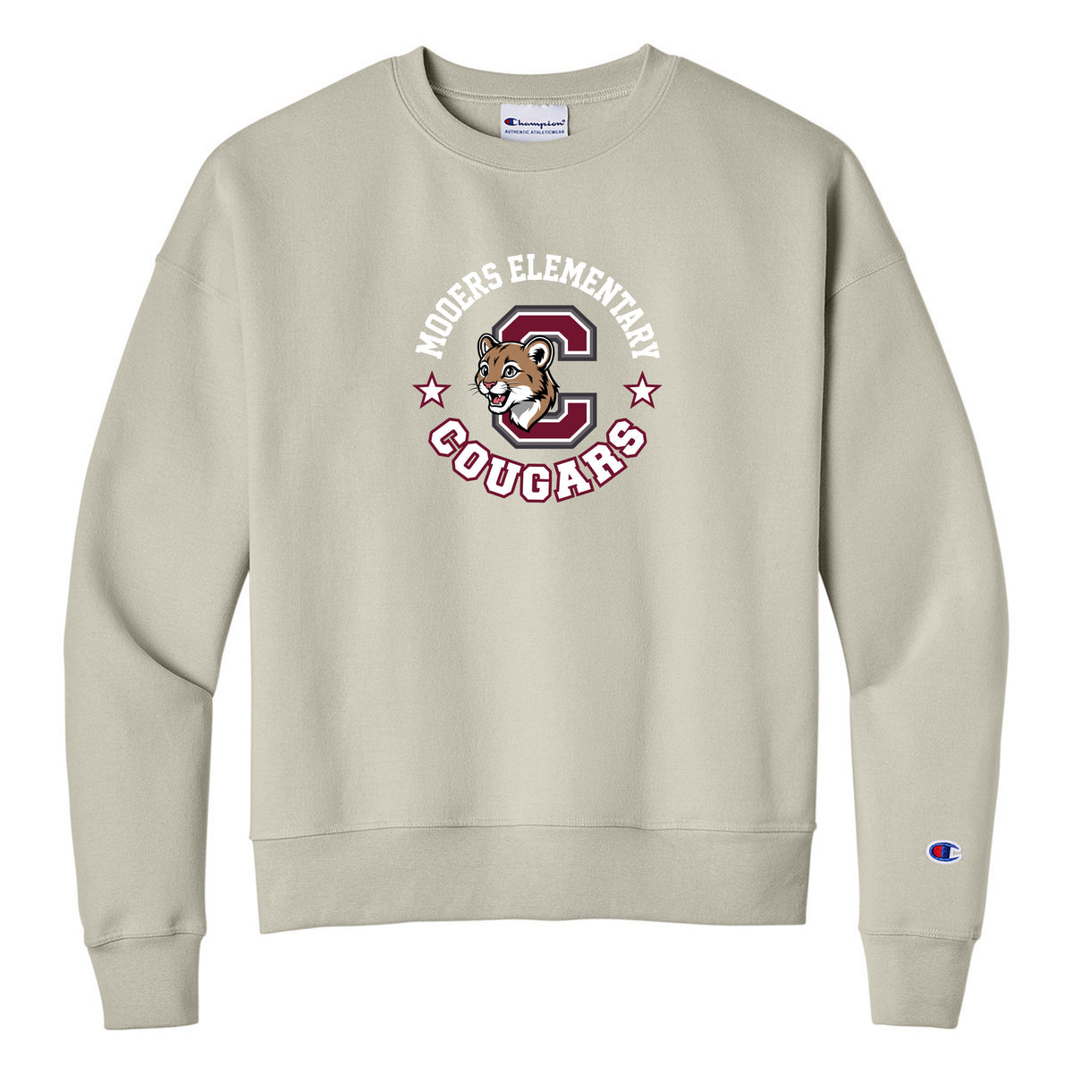 Champion Women's Powerblend Crewneck Sweatshirt — Sand, Logo 1, front