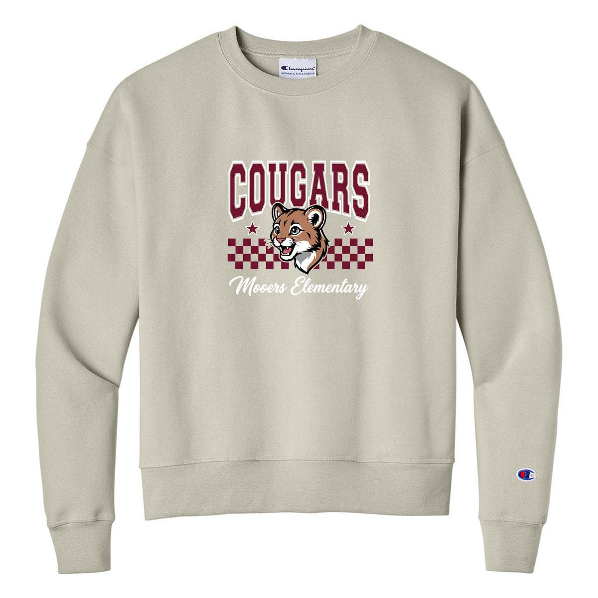 Champion Women's Powerblend Crewneck Sweatshirt — Sand, Logo 5, front