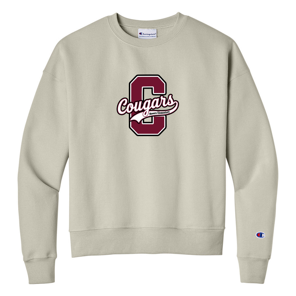 Champion Women's Powerblend Crewneck Sweatshirt — Sand, Logo 4, front