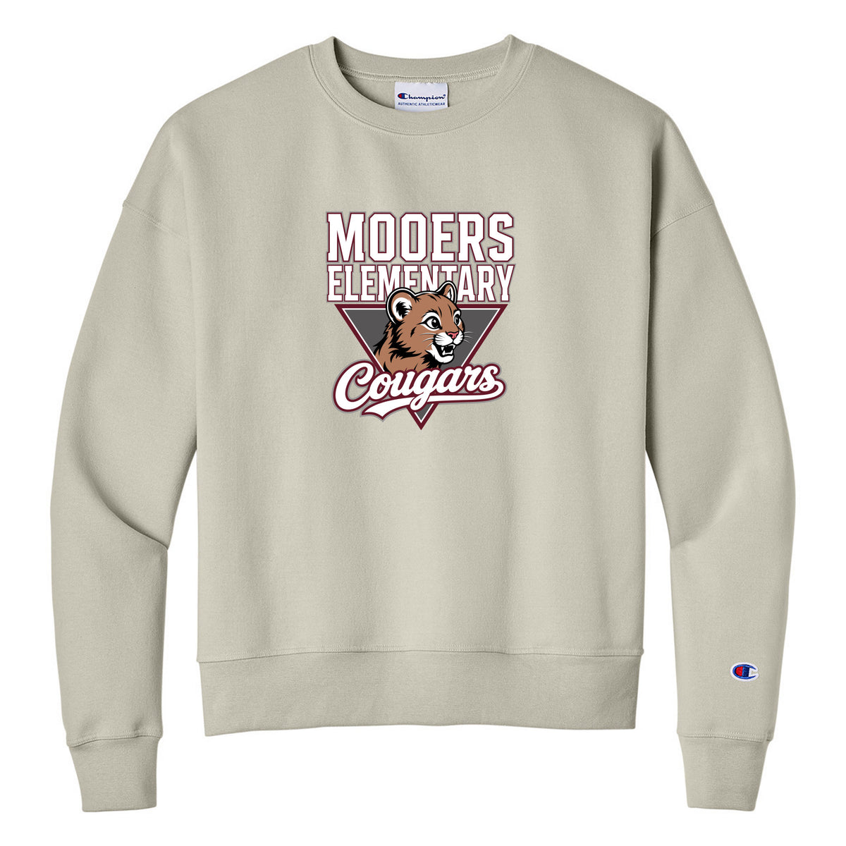 Champion Women's Powerblend Crewneck Sweatshirt — Sand, Logo 2, front