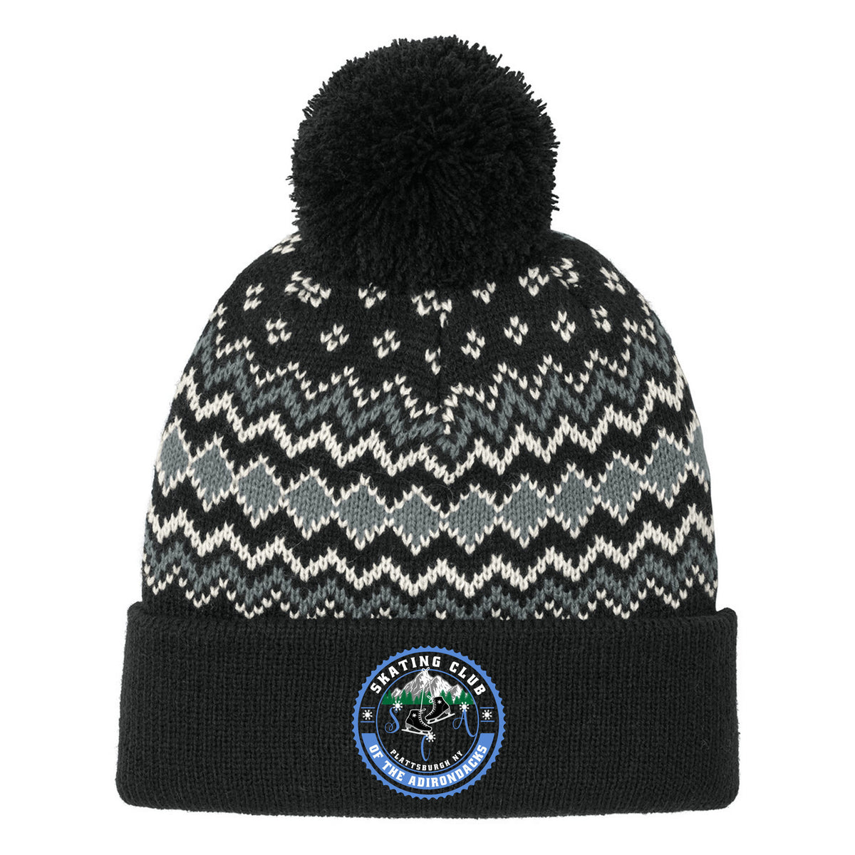 Alpine Pom Beanie — Deep Black/ Gusty Grey/ Marshmallow, front