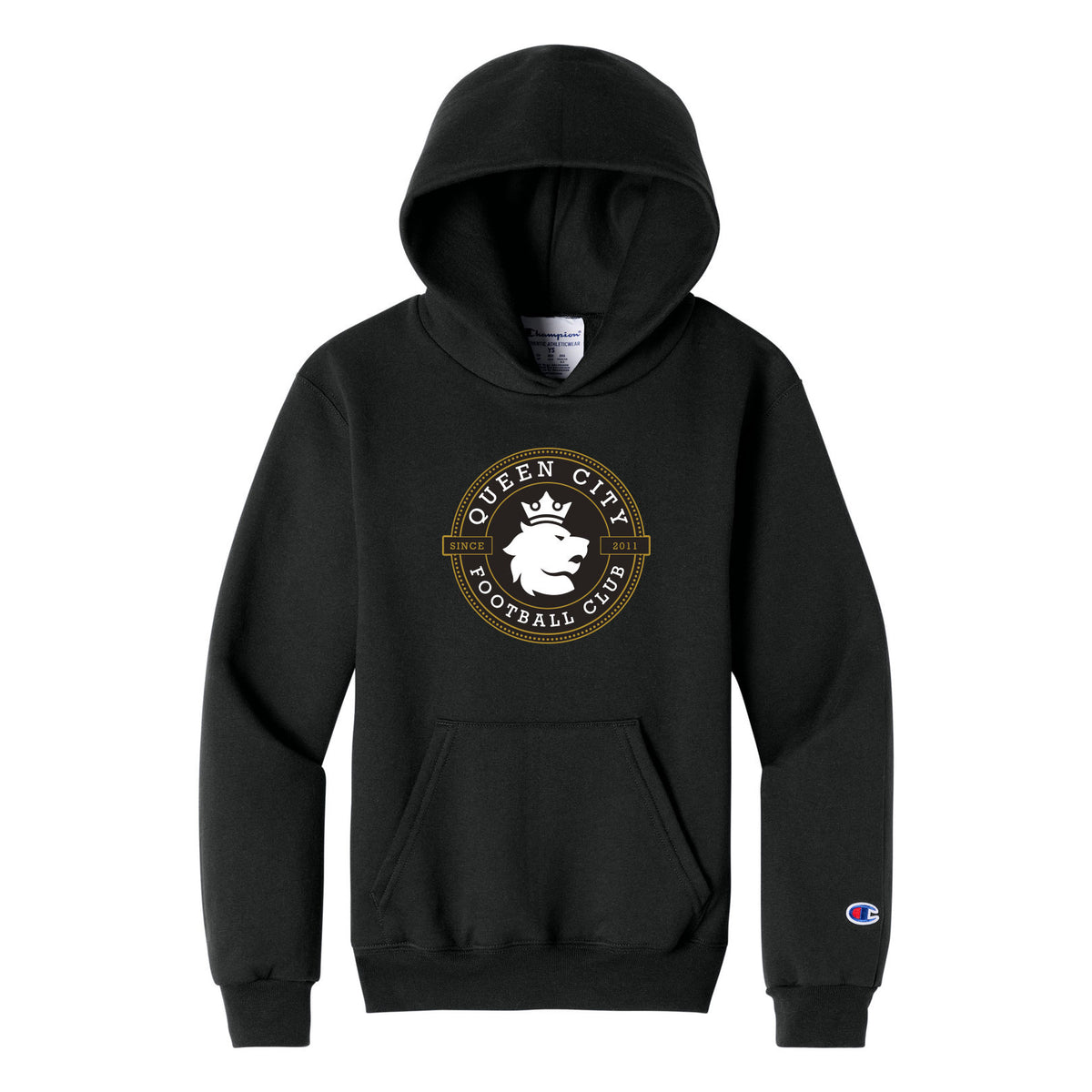 Champion Youth Powerblend Hooded Sweatshirt — Black, front